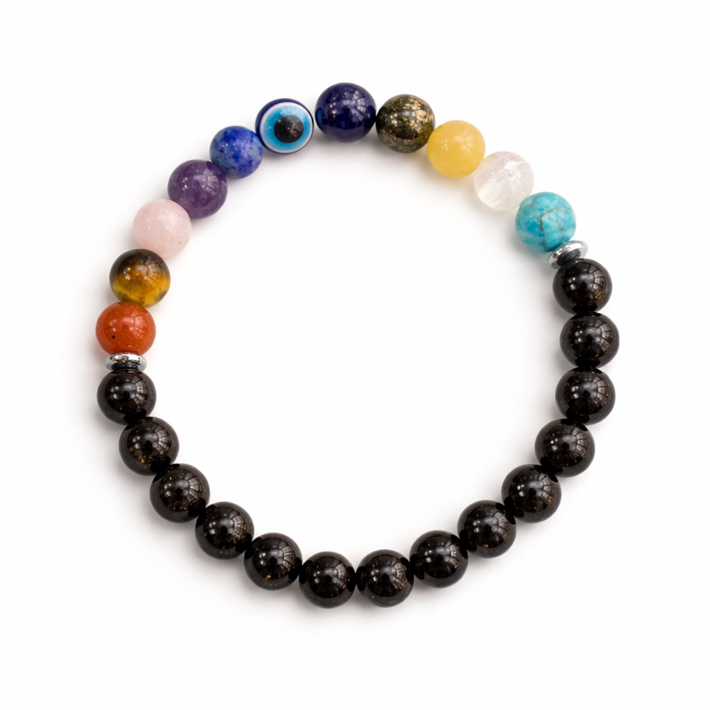 Celestial Power 11-Chakra Black Goldstone Bracelet – 528Hz For Manifestation, Protection & Cosmic Energy Activation
