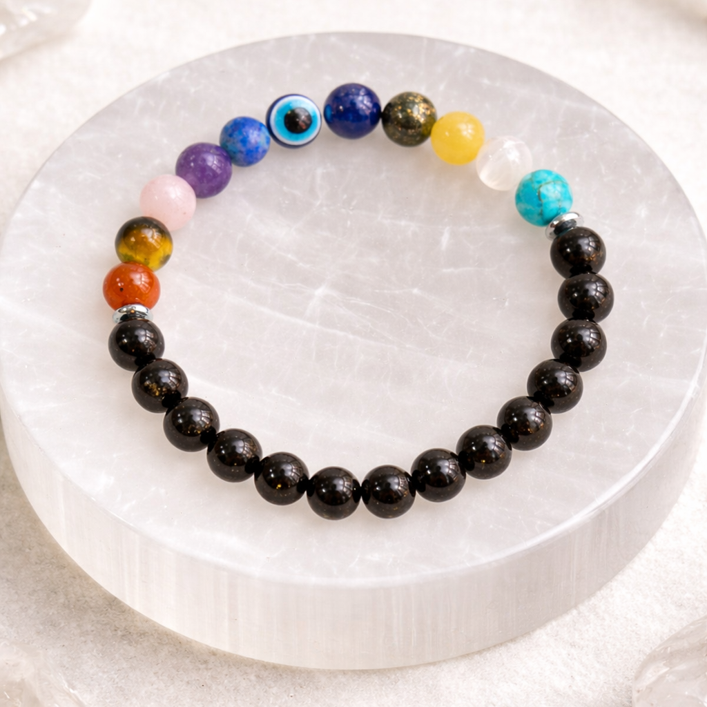 Celestial Power 11-Chakra Black Goldstone Bracelet – 528Hz For Manifestation, Protection & Cosmic Energy Activation