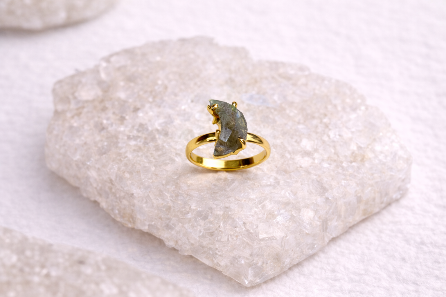 Moon Shaped Raw Labradorite Manifestation Ring