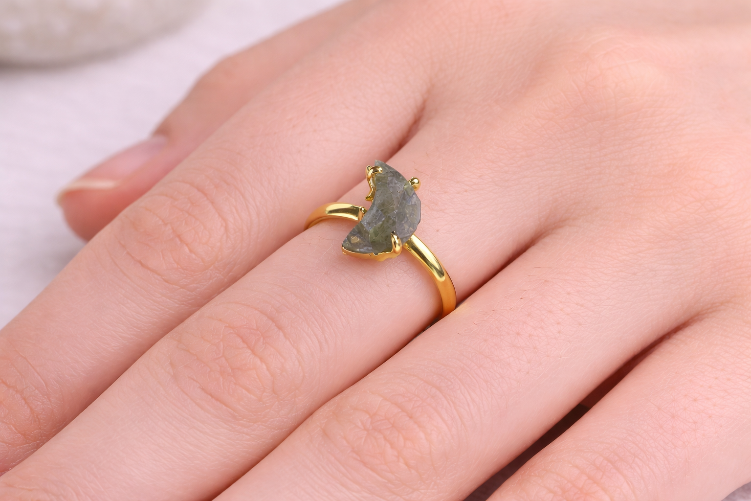 Moon Shaped Raw Labradorite Manifestation Ring