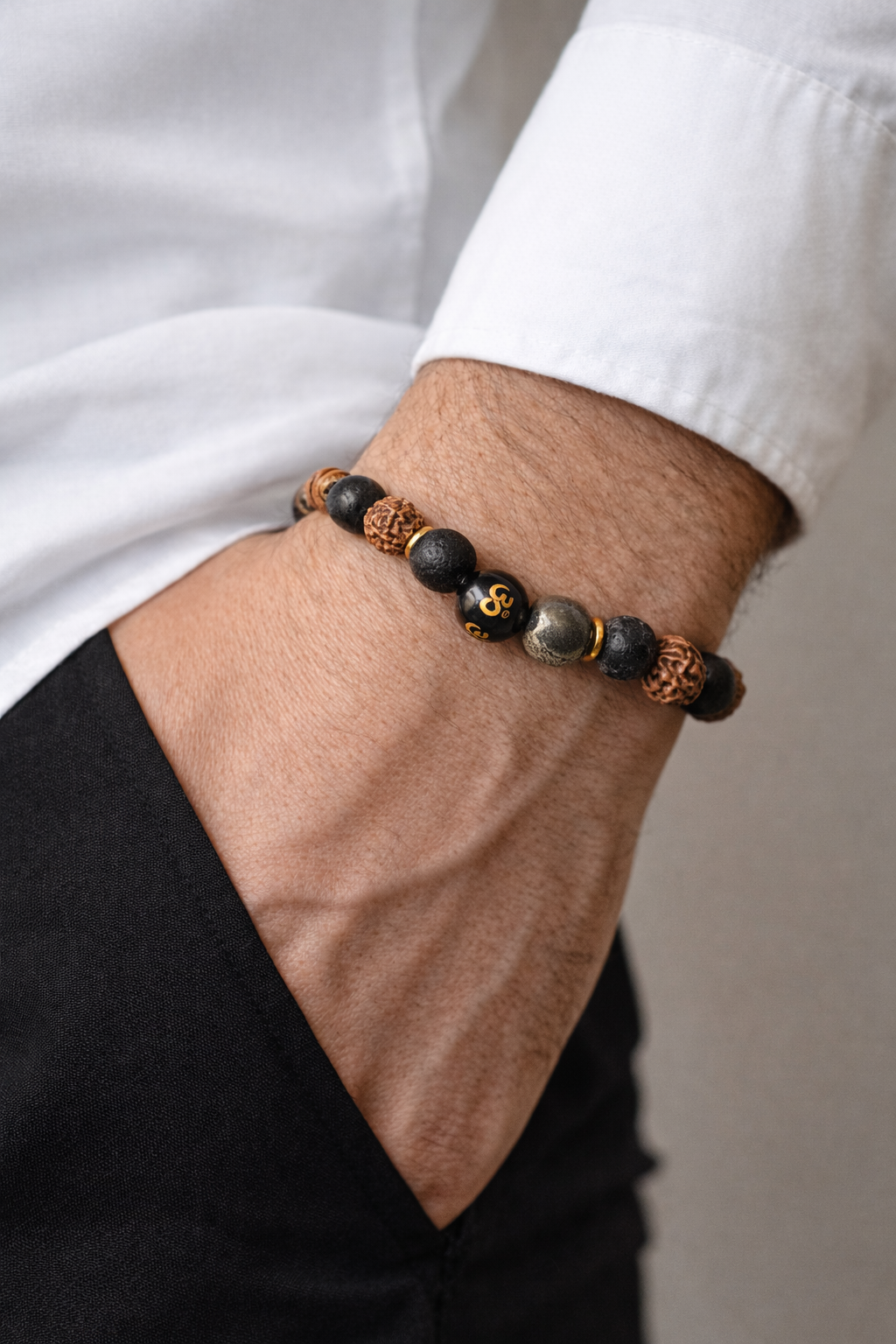 Rudraksha & Lava Stone Bracelet with Pyrite and Om Bead