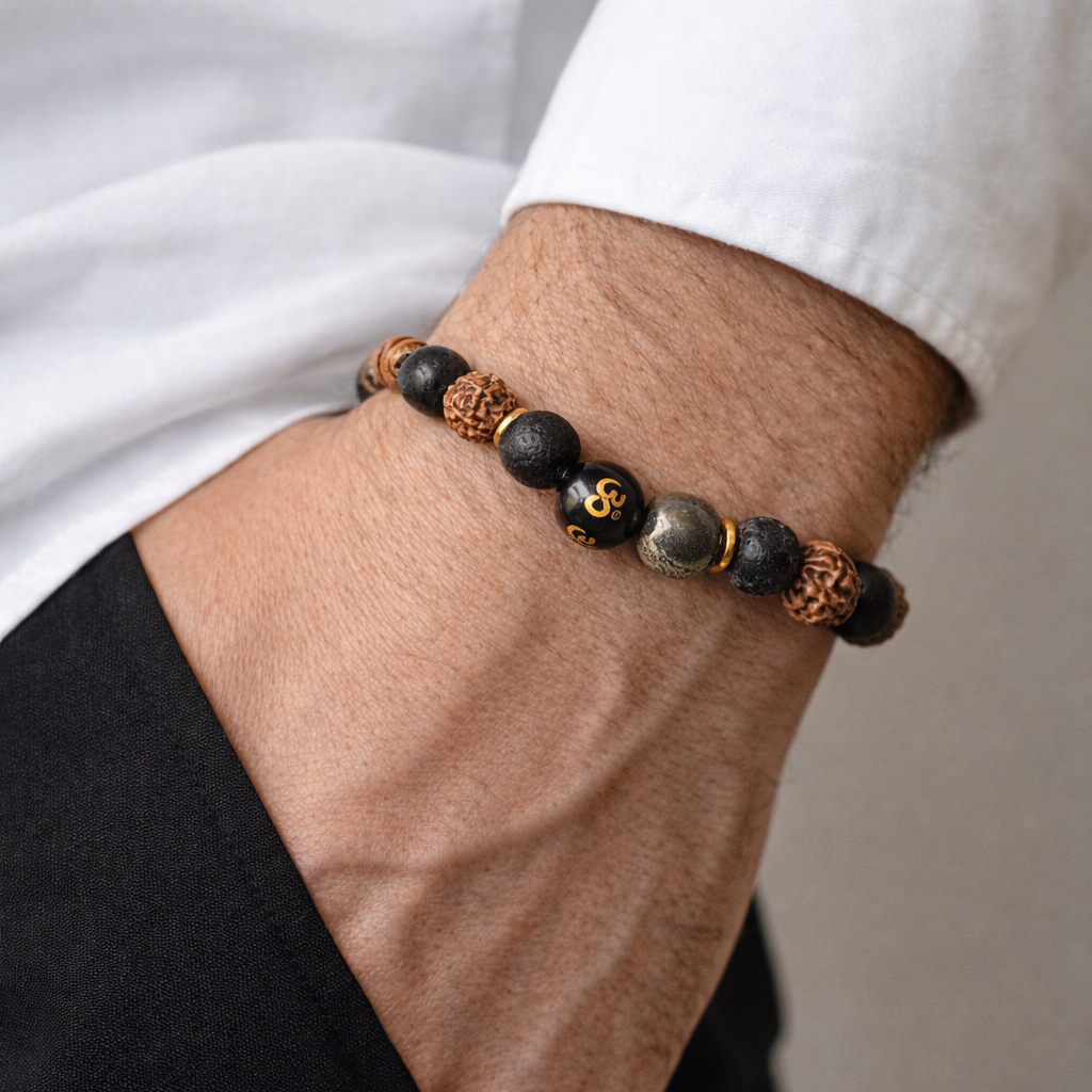 Rudraksha Lava Stone Wealth Manifestation Bracelet – 417Hz With Pyrite & Om Bead for Success & Spiritual Growth
