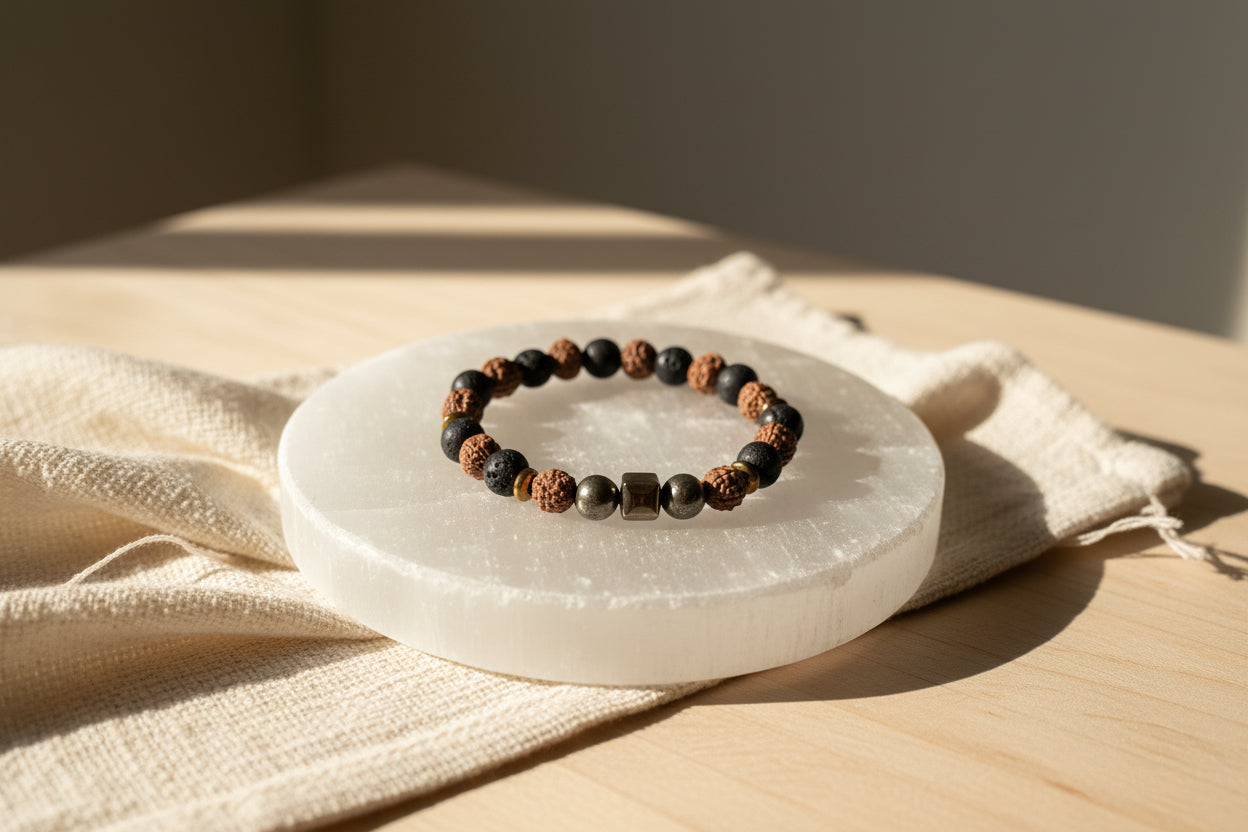 Rudraksha & Lava Stone Bracelet with Pyrite Cube