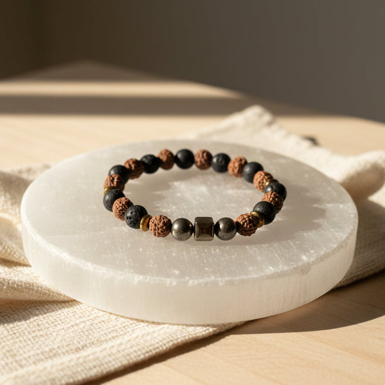 Sacred Grounding Rudraksha & Lava Bracelet with Pyrite Cube – 396Hz For Stability, Wealth Attraction & Emotional Strength