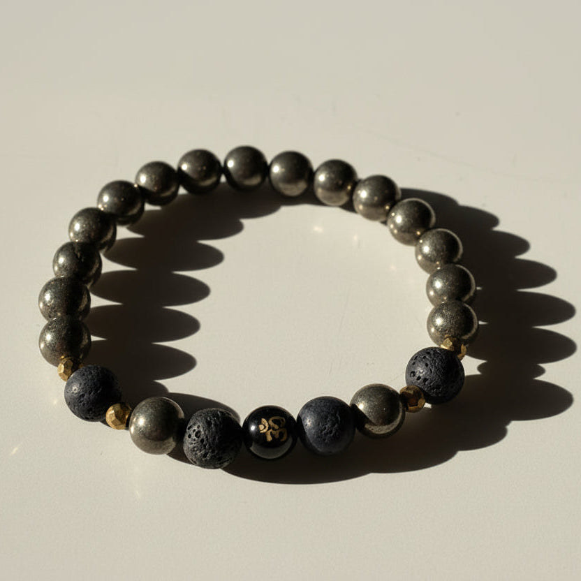 Black Pyrite Prosperity Bracelet with Om Charm – 741Hz For Abundance, Protection & Positive Energy