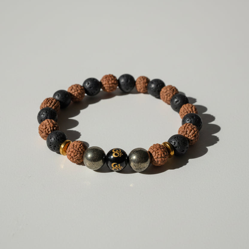 Rudraksha Lava Stone Wealth Manifestation Bracelet – 417Hz With Pyrite & Om Bead for Success & Spiritual Growth