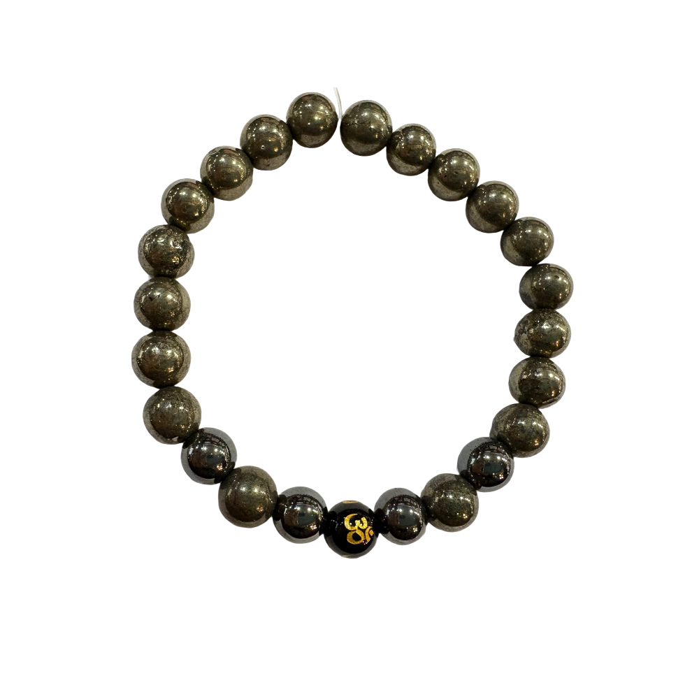 Black Pyrite Prosperity Bracelet with Om Charm – 741Hz For Abundance, Protection & Positive Energy