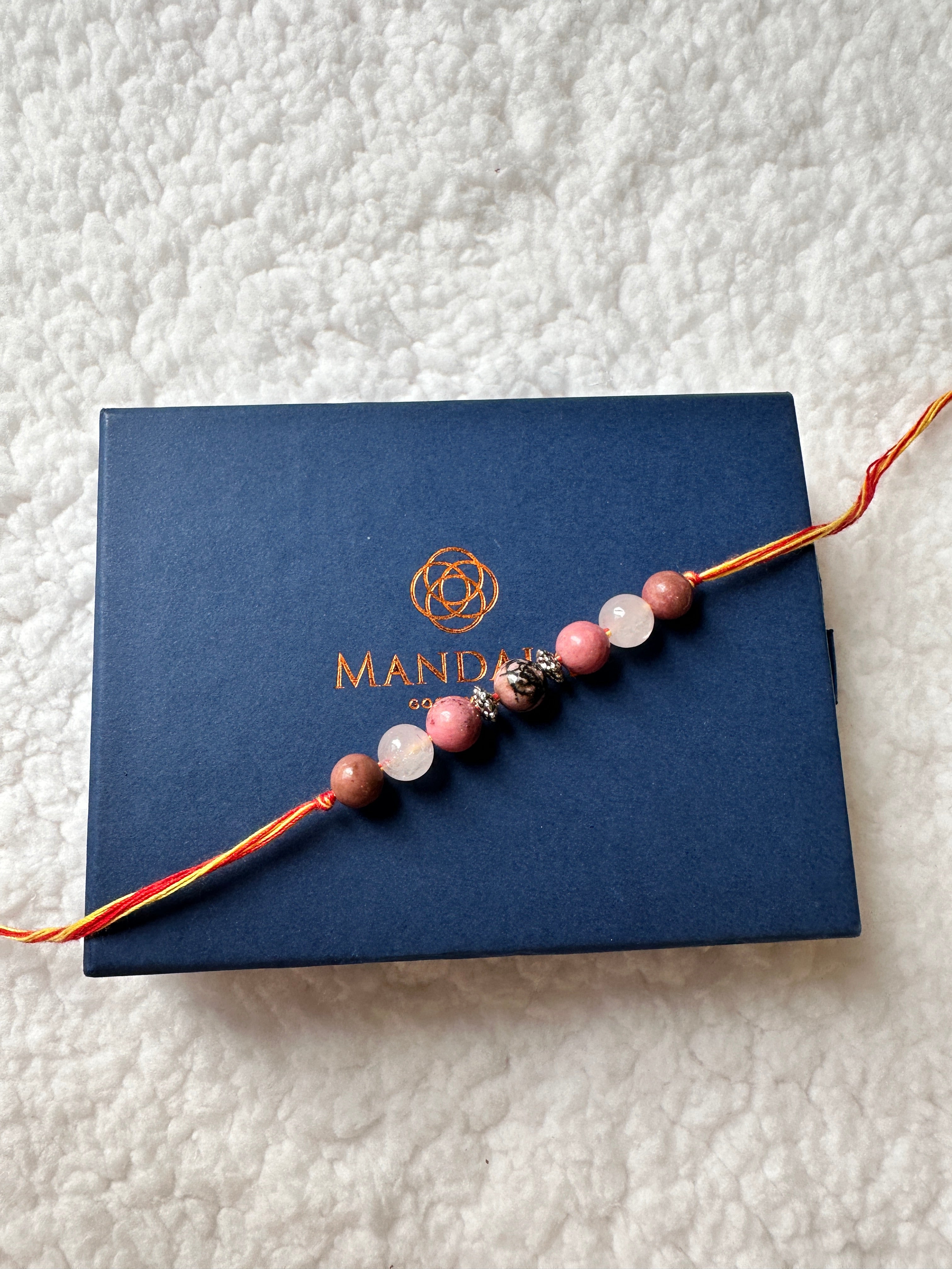 Handcrafted Rakhi with Rose Quartz & Rhodonite Beads