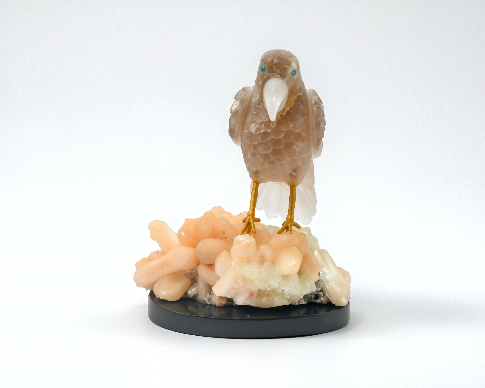 Hand-Carved Gemstone Bird Sculpture on Crystal Base