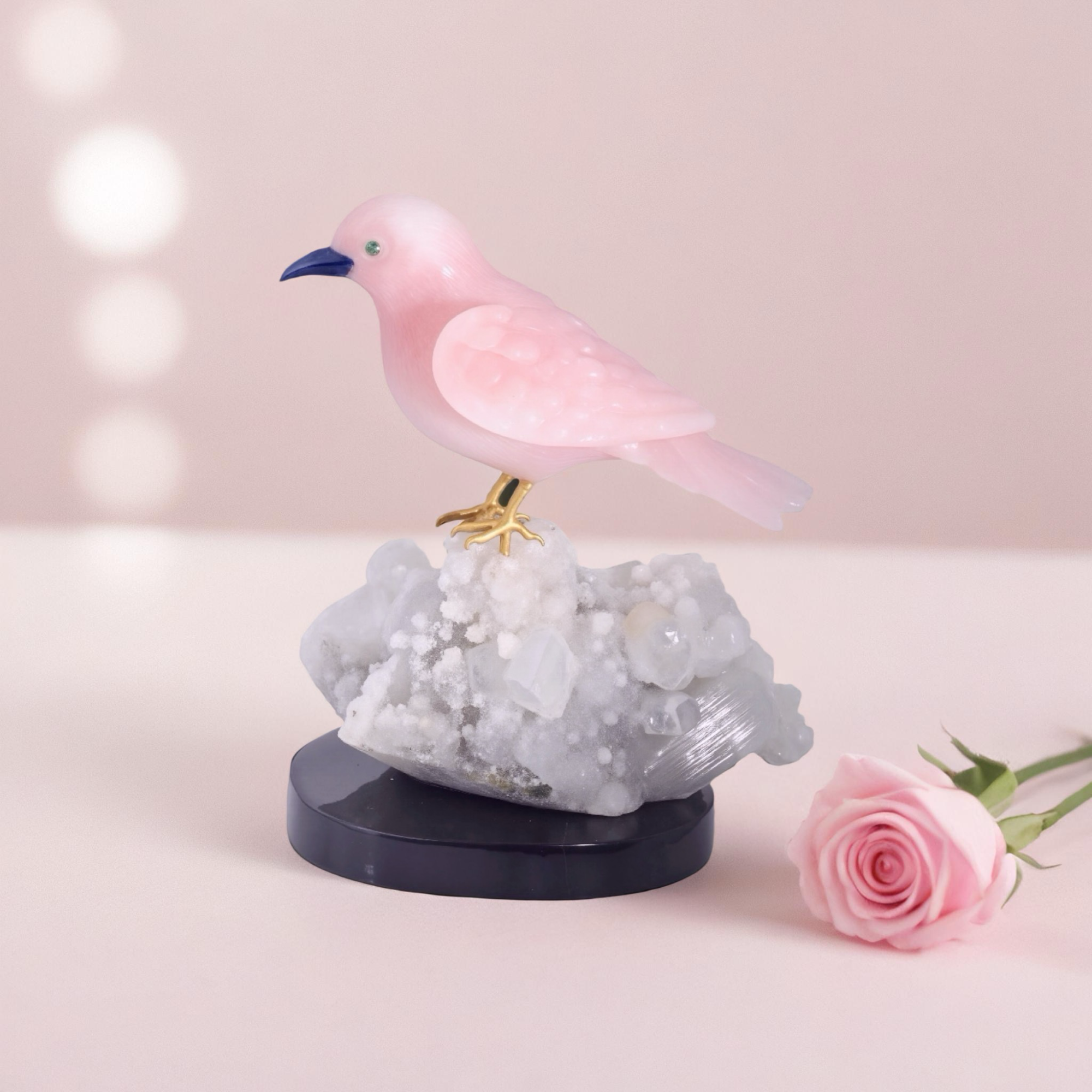 Rose Quartz Bird Figurine on Crystal Base