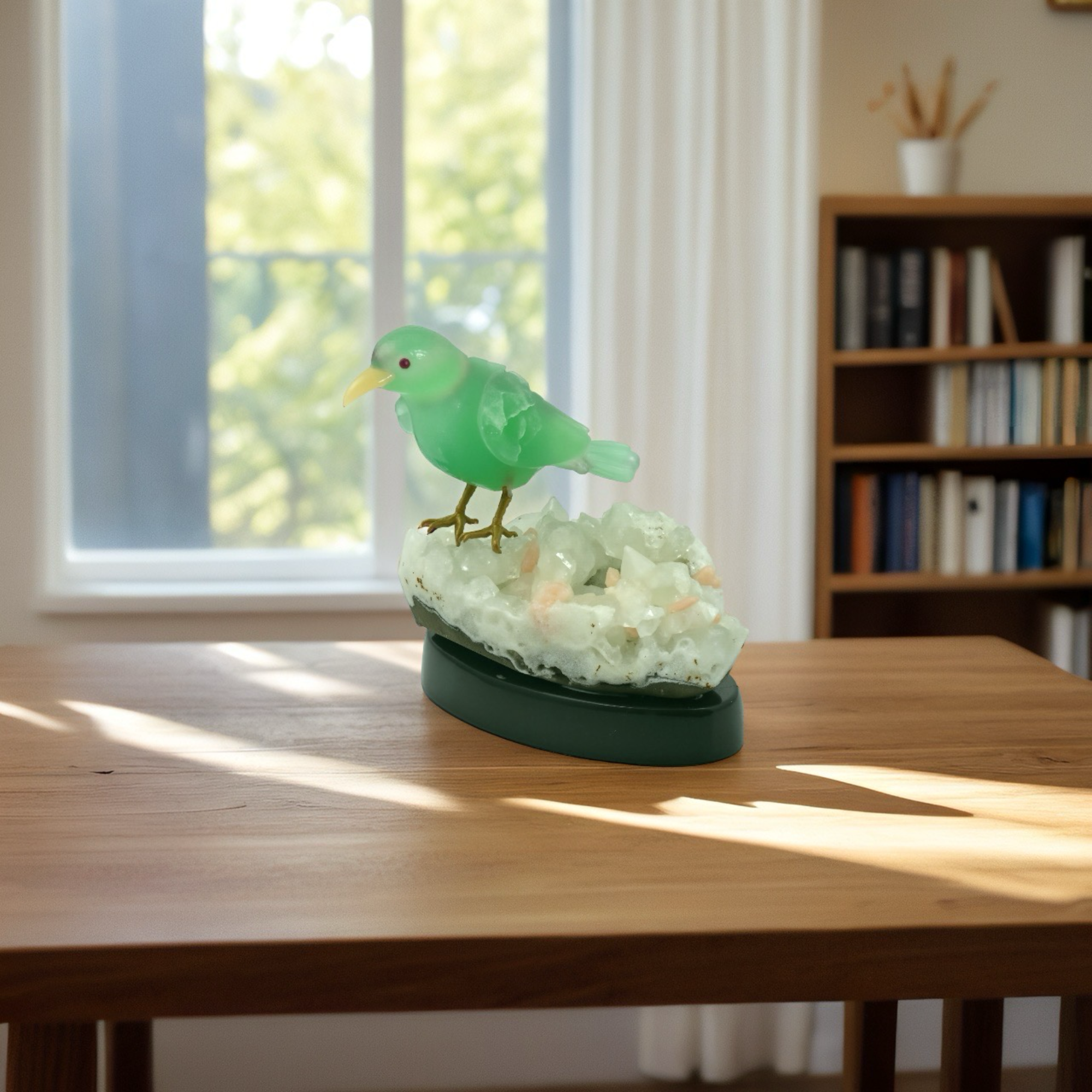 Green Aventurine Bird Figurine on Crystal Cluster