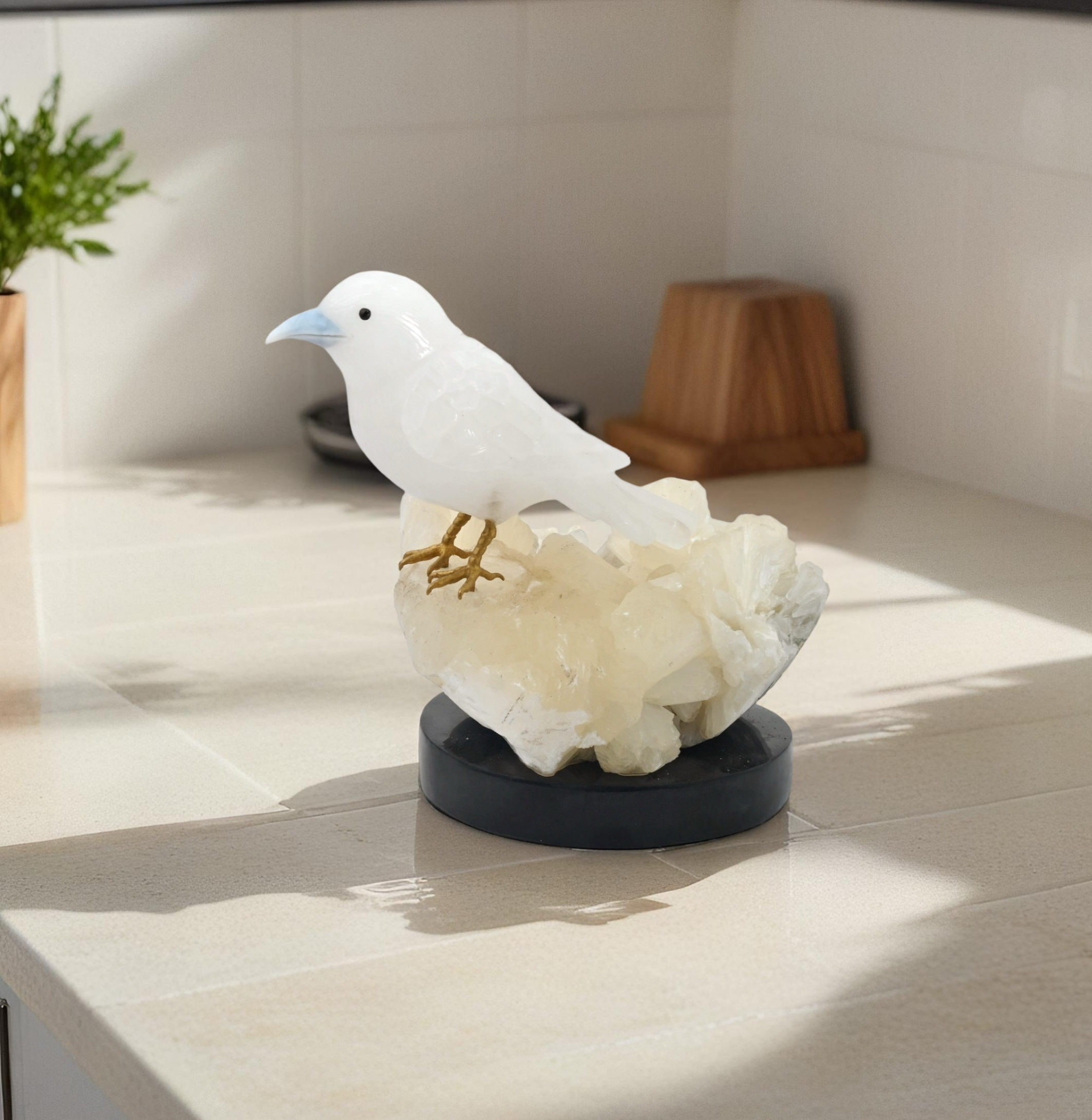 White Quartz Bird Sculpture on Crystal Rock