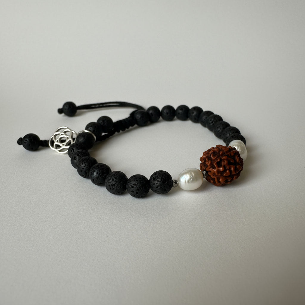 Rudraksha, Pearl, Pyrite & Lava Energy Bracelet