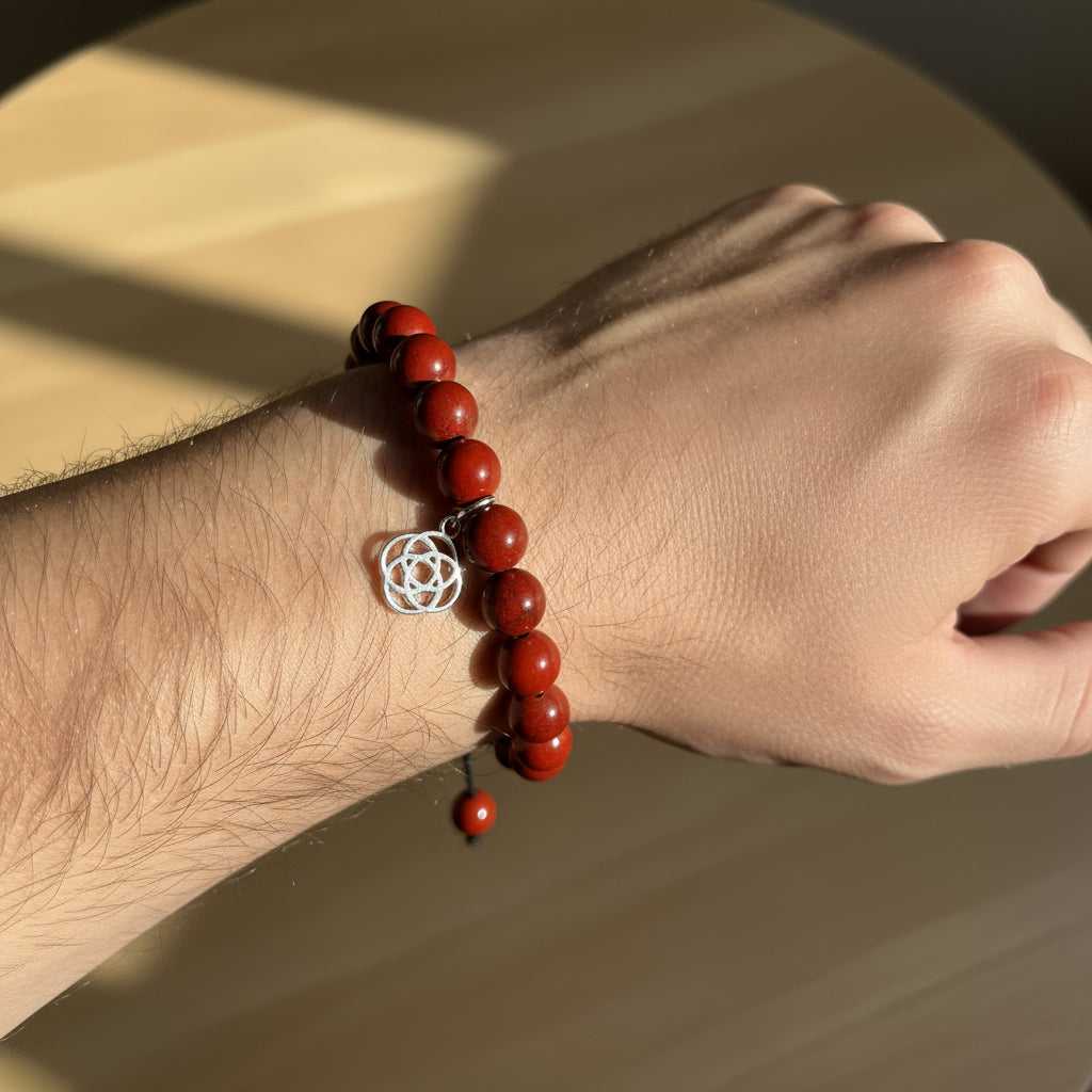 Red Jasper Bead Bracelet with Mandala Charm