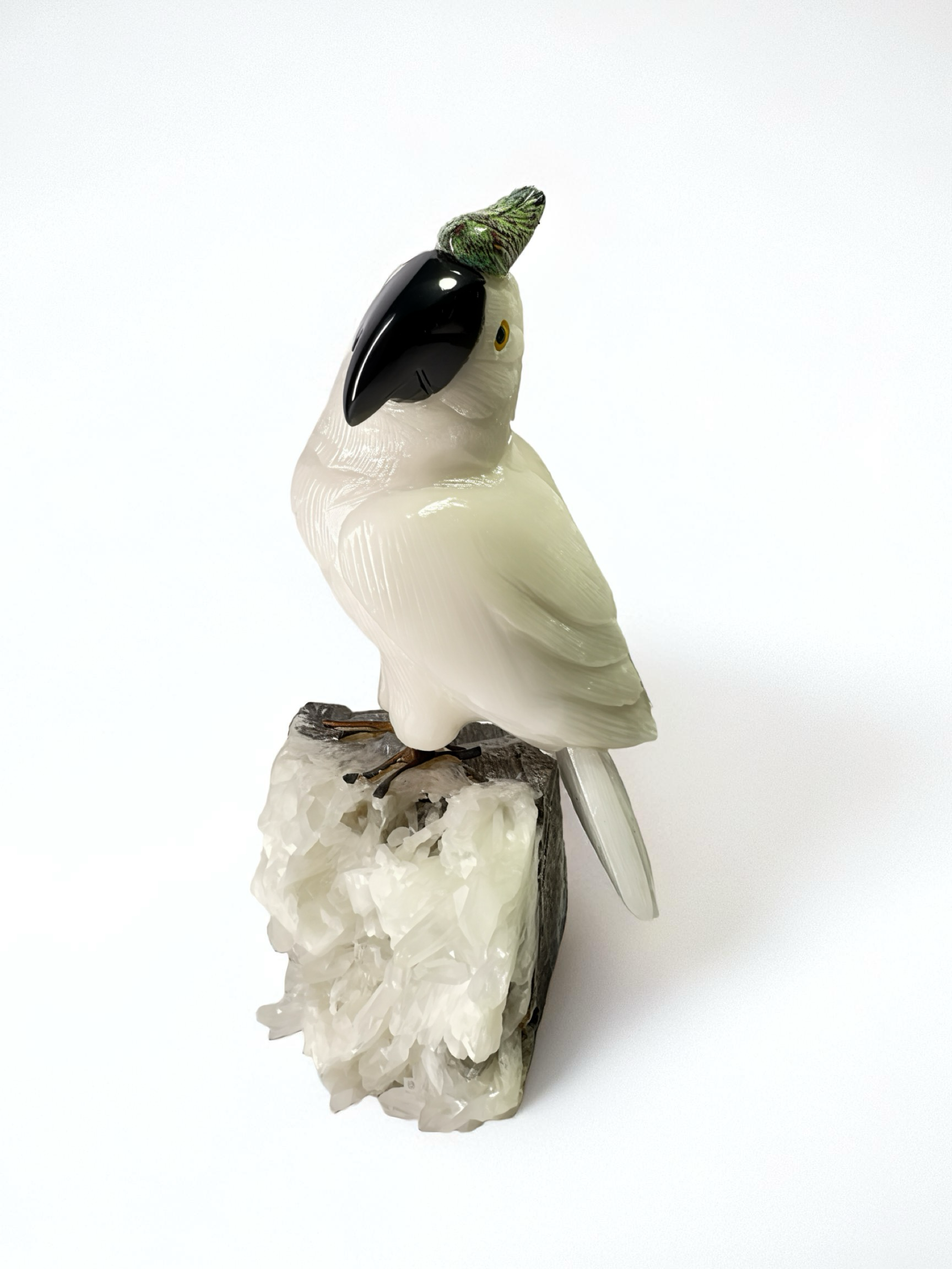 Mandala HandCarved White Gemstone Cockatoo on Crystal Cluster – Purity • Grace • Clarity
