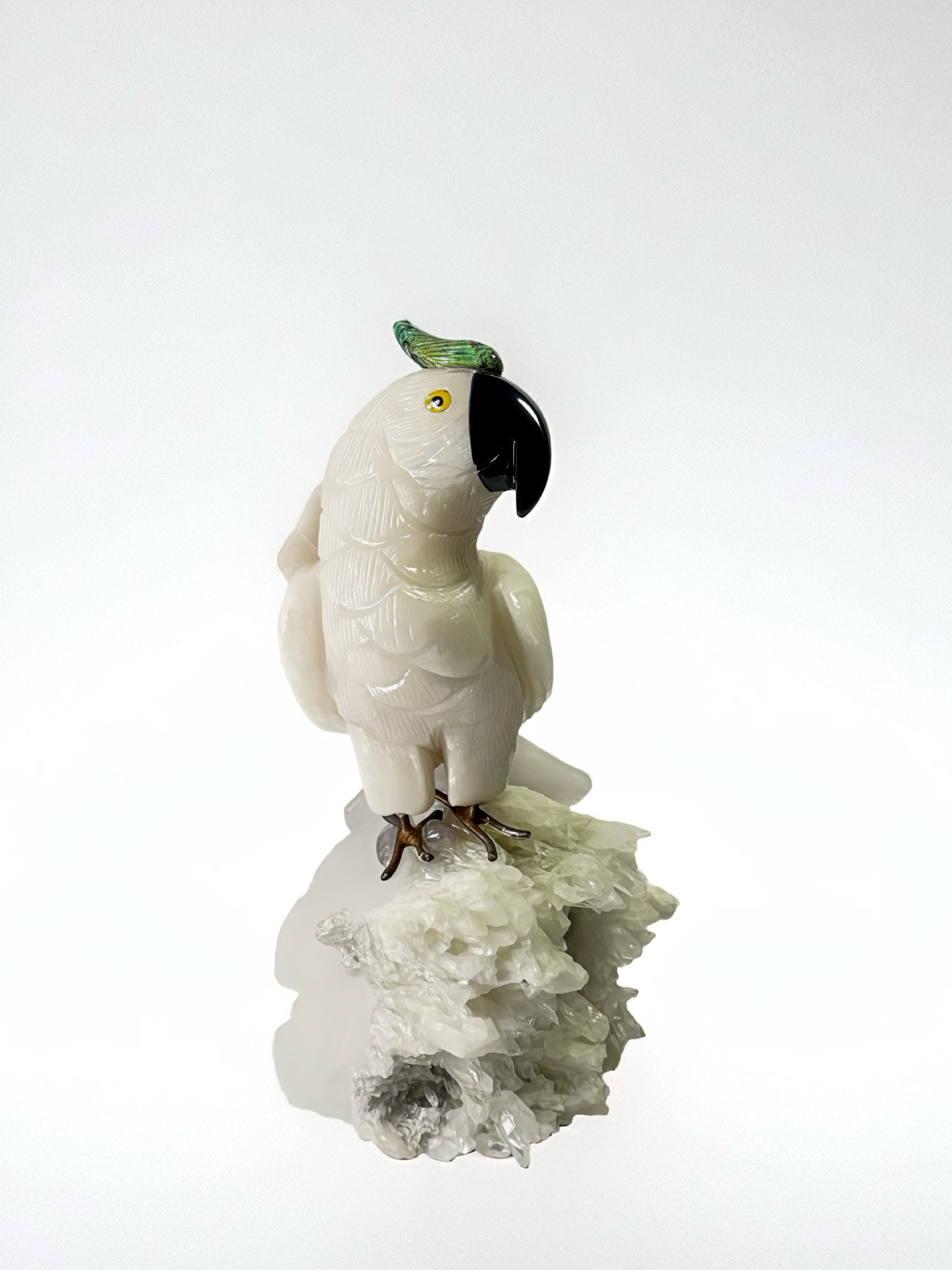 Mandala HandCarved White Gemstone Cockatoo on Crystal Cluster – Purity • Grace • Clarity