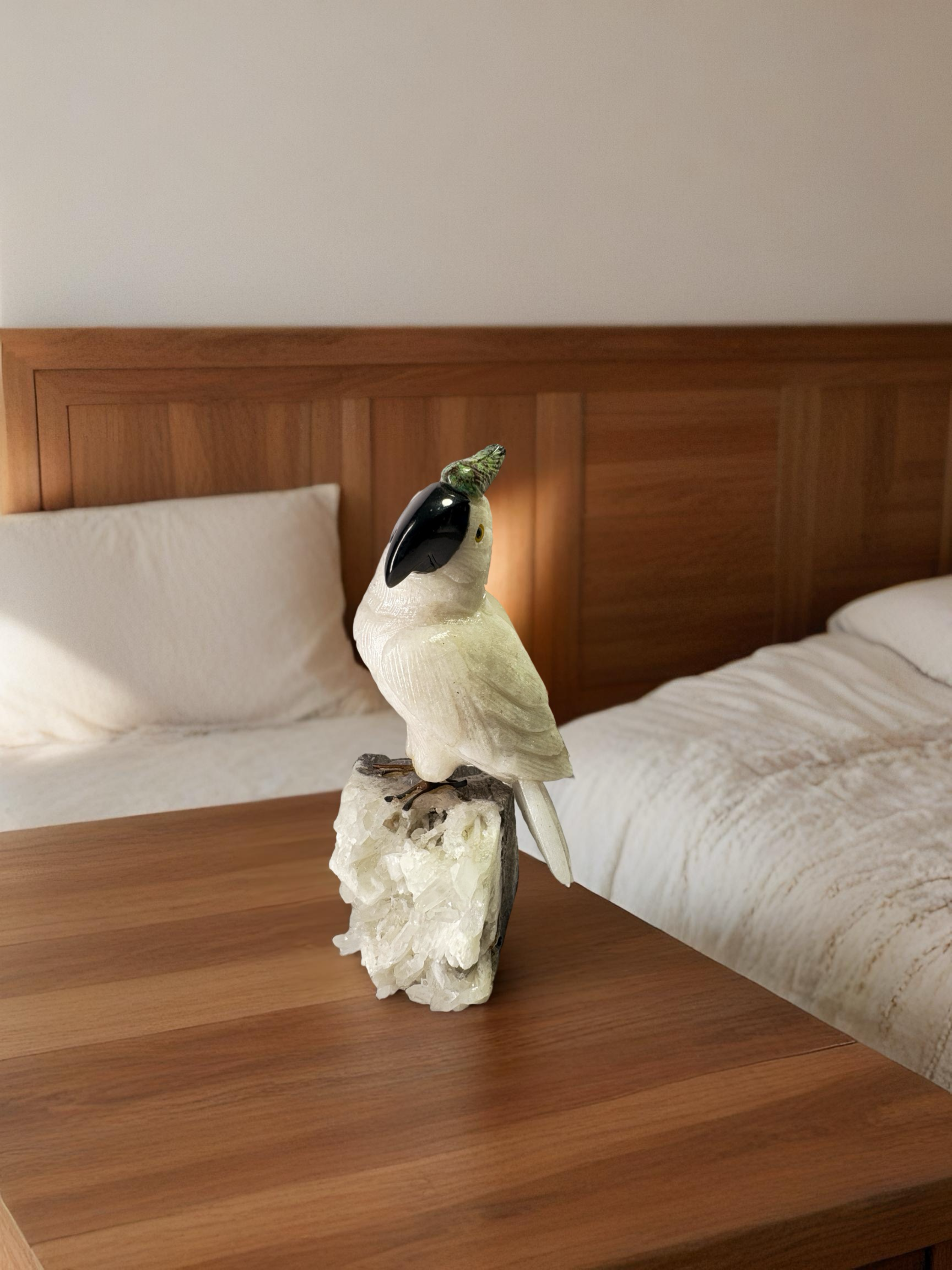 Mandala HandCarved White Gemstone Cockatoo on Crystal Cluster – Purity • Grace • Clarity