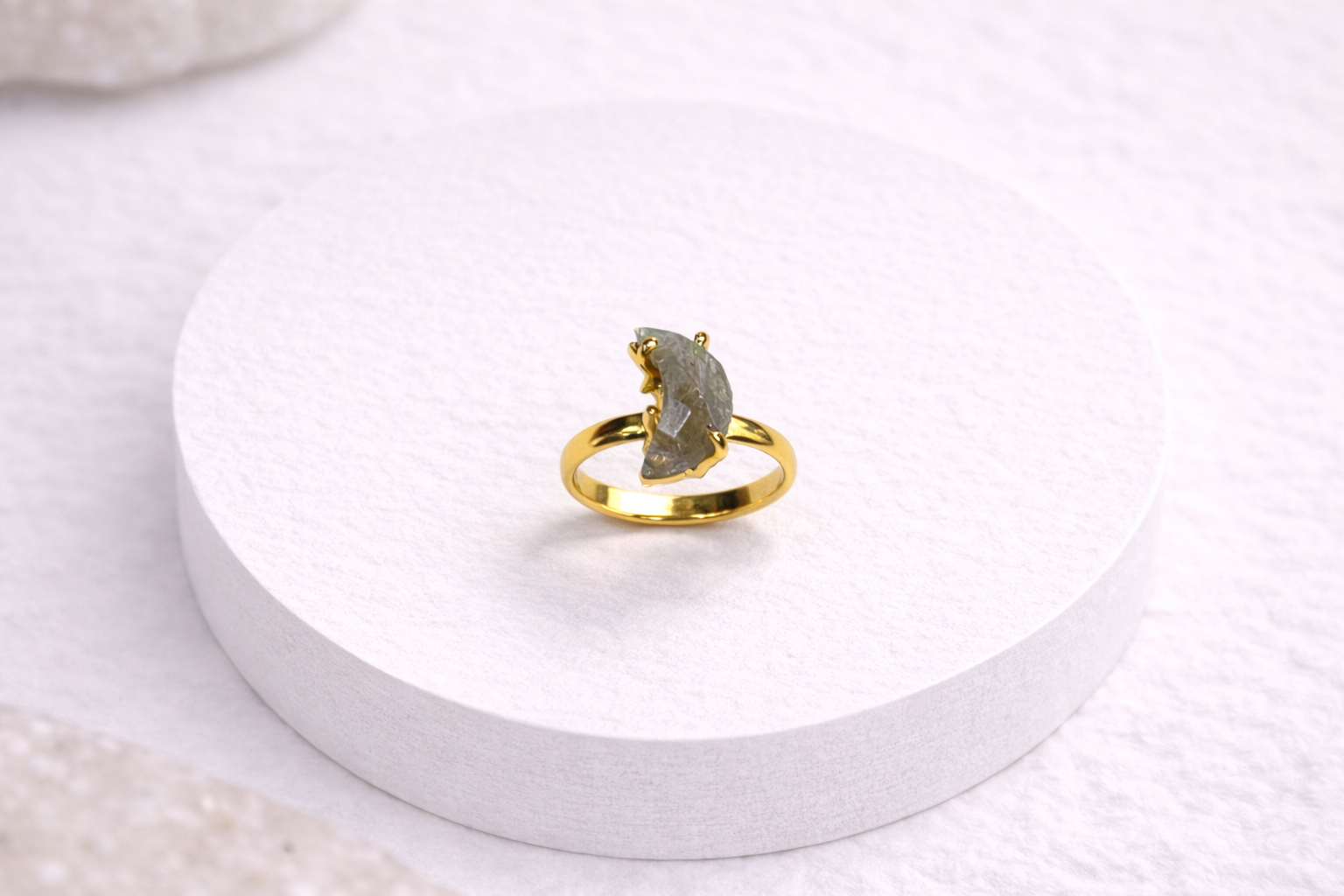 Moon Shaped Raw Labradorite Manifestation Ring