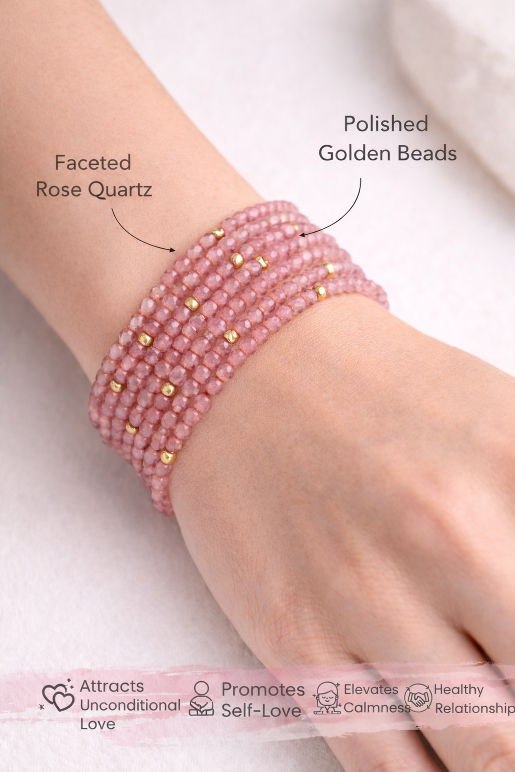 Handcrafted Rose Quartz & Gold Bead Bracelet Set for Self-Love