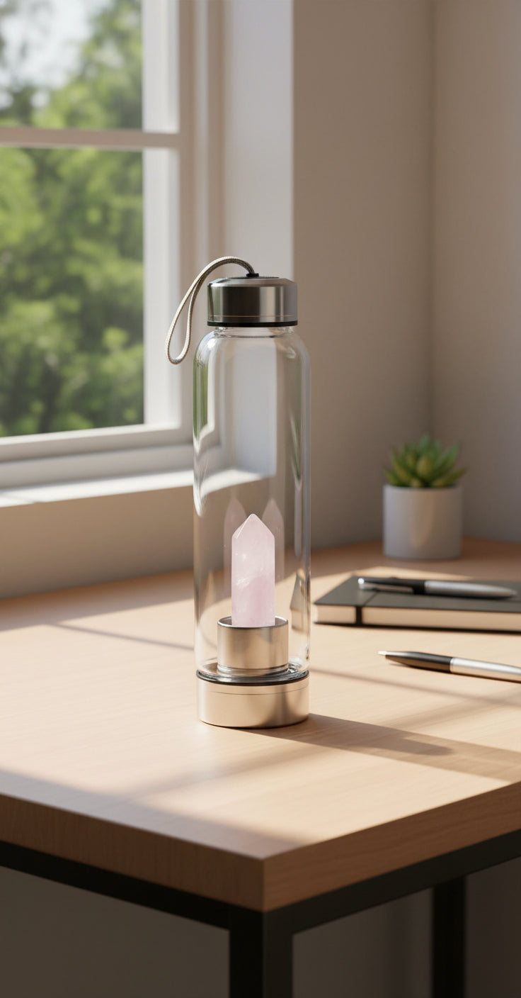 Mandala Rose Quartz Healing Crystal Water Bottle — Energy Infused Hydration