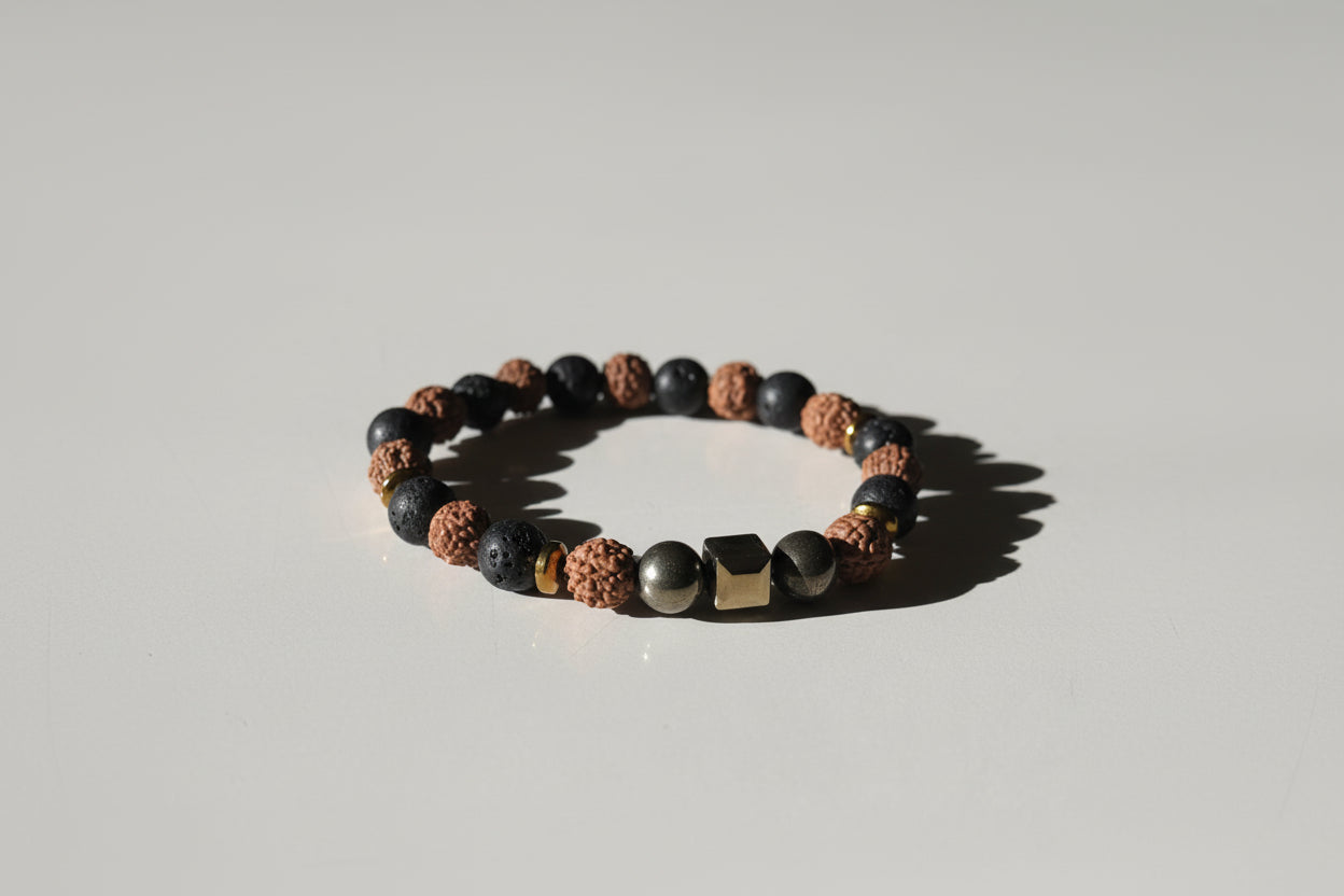 Rudraksha & Lava Stone Bracelet with Pyrite Cube
