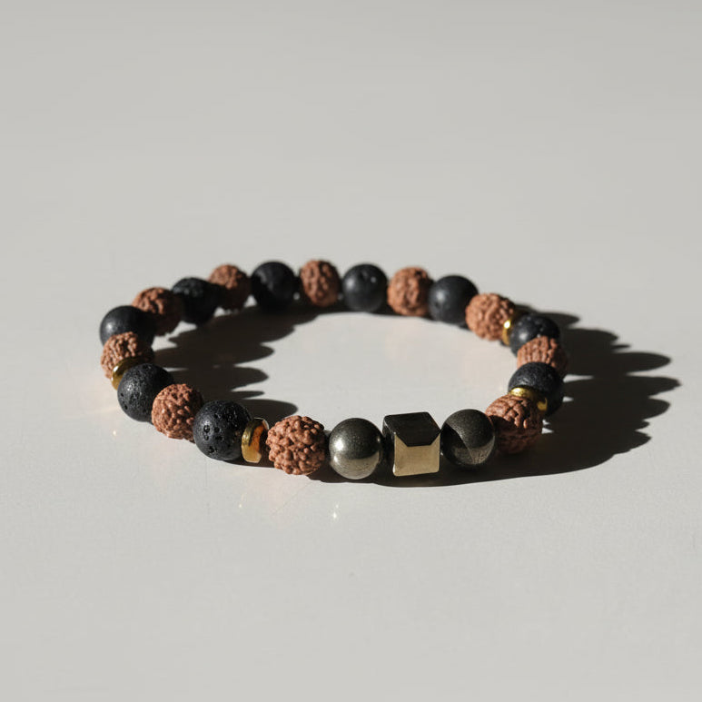 Sacred Grounding Rudraksha & Lava Bracelet with Pyrite Cube – 396Hz For Stability, Wealth Attraction & Emotional Strength