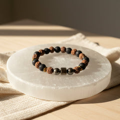 Sacred Grounding Rudraksha & Lava Bracelet with Pyrite Cube – 396Hz For Stability, Wealth Attraction & Emotional Strength