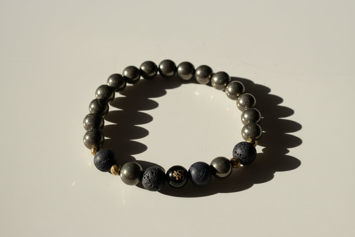Black Pyrite & Lava Stone Bracelet with Om Charm