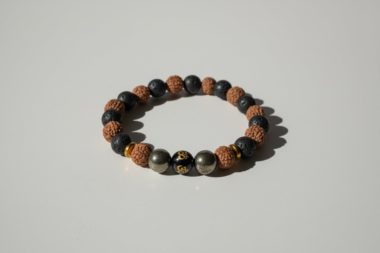 Rudraksha & Lava Stone Bracelet with Pyrite and Om Bead
