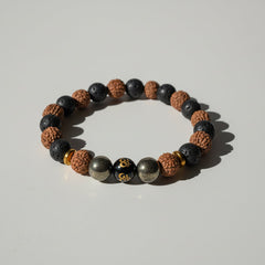 Rudraksha Lava Stone Wealth Manifestation Bracelet – 417Hz With Pyrite & Om Bead for Success & Spiritual Growth
