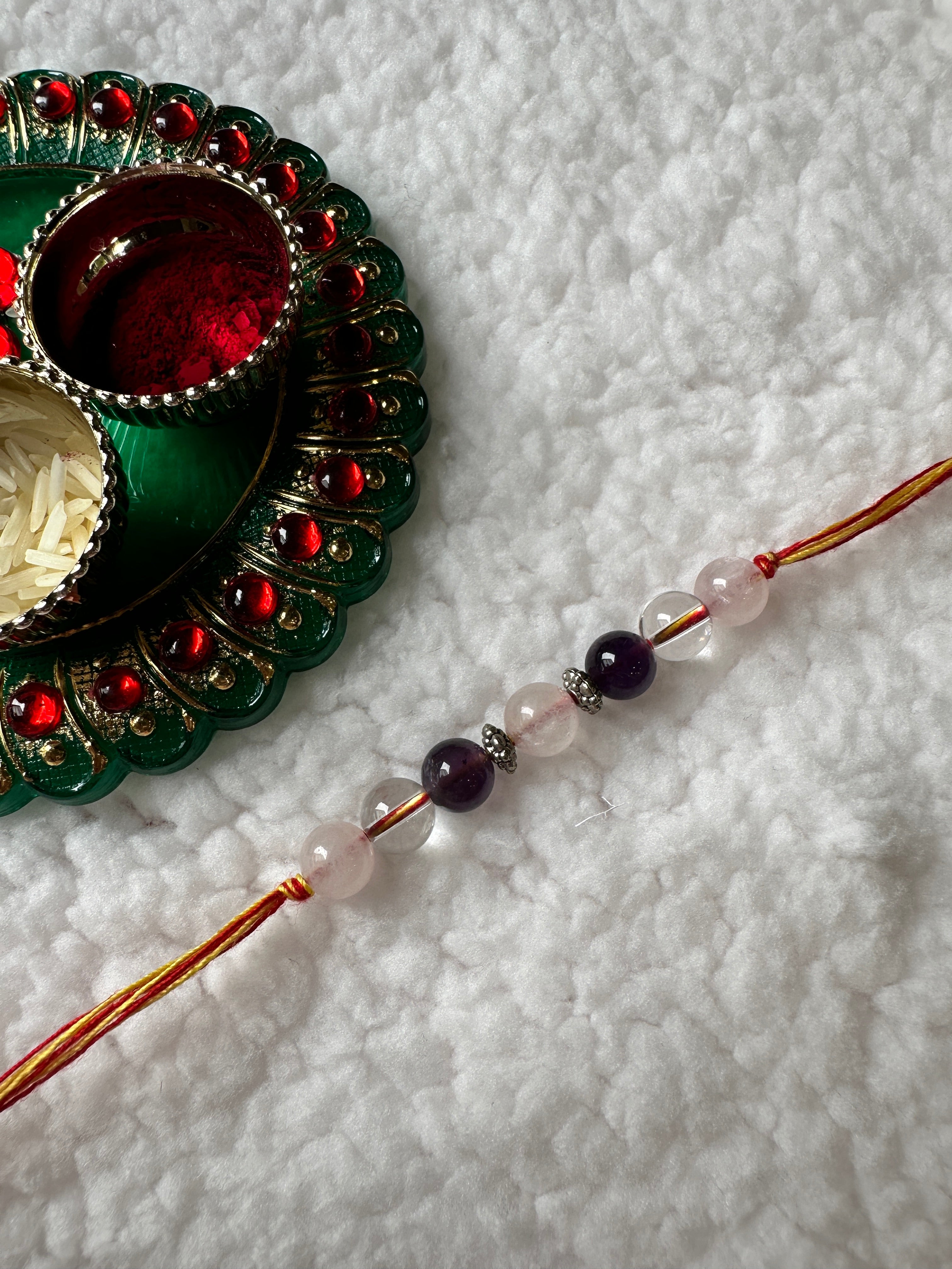 Trinity Crystal Rakhi – Rose Quartz, Amethyst & Clear Quartz for Love, Protection & Clarity