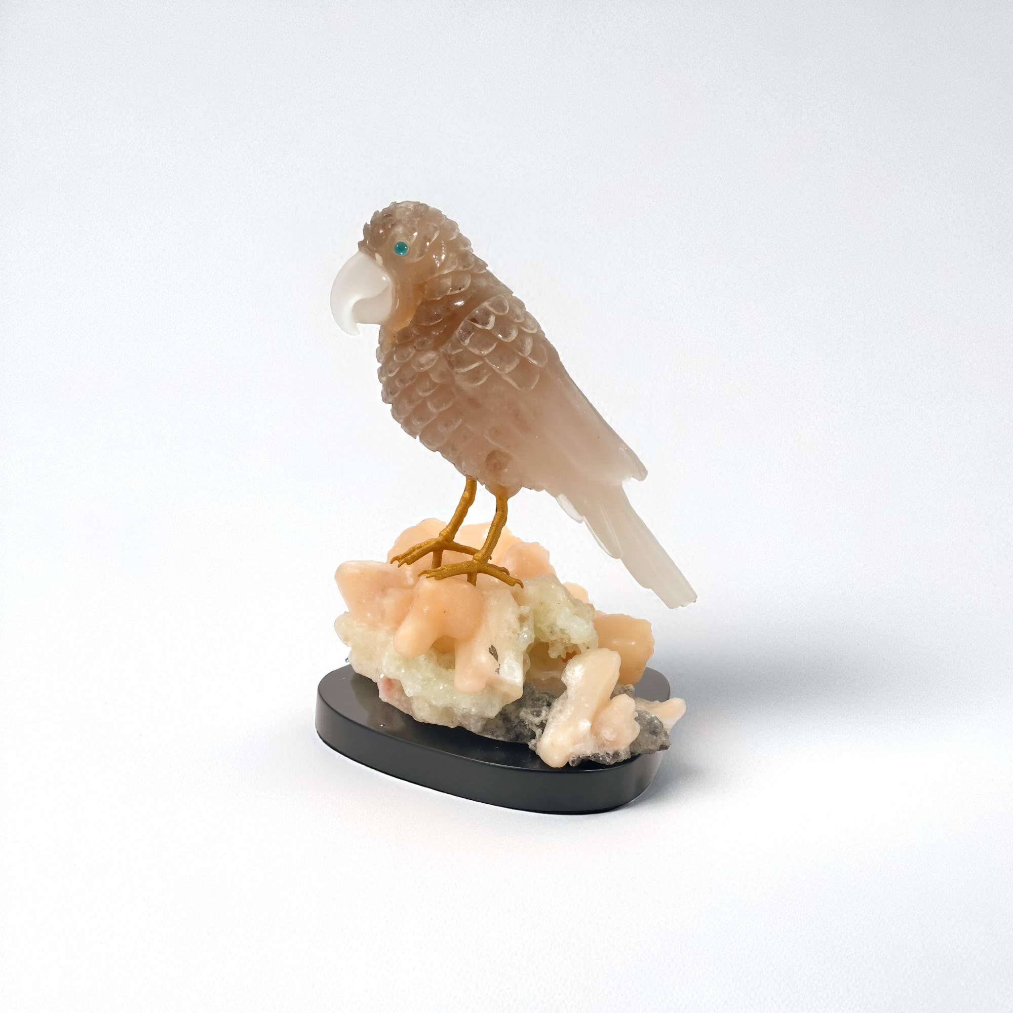 Hand-Carved Gemstone Bird Sculpture on Crystal Base