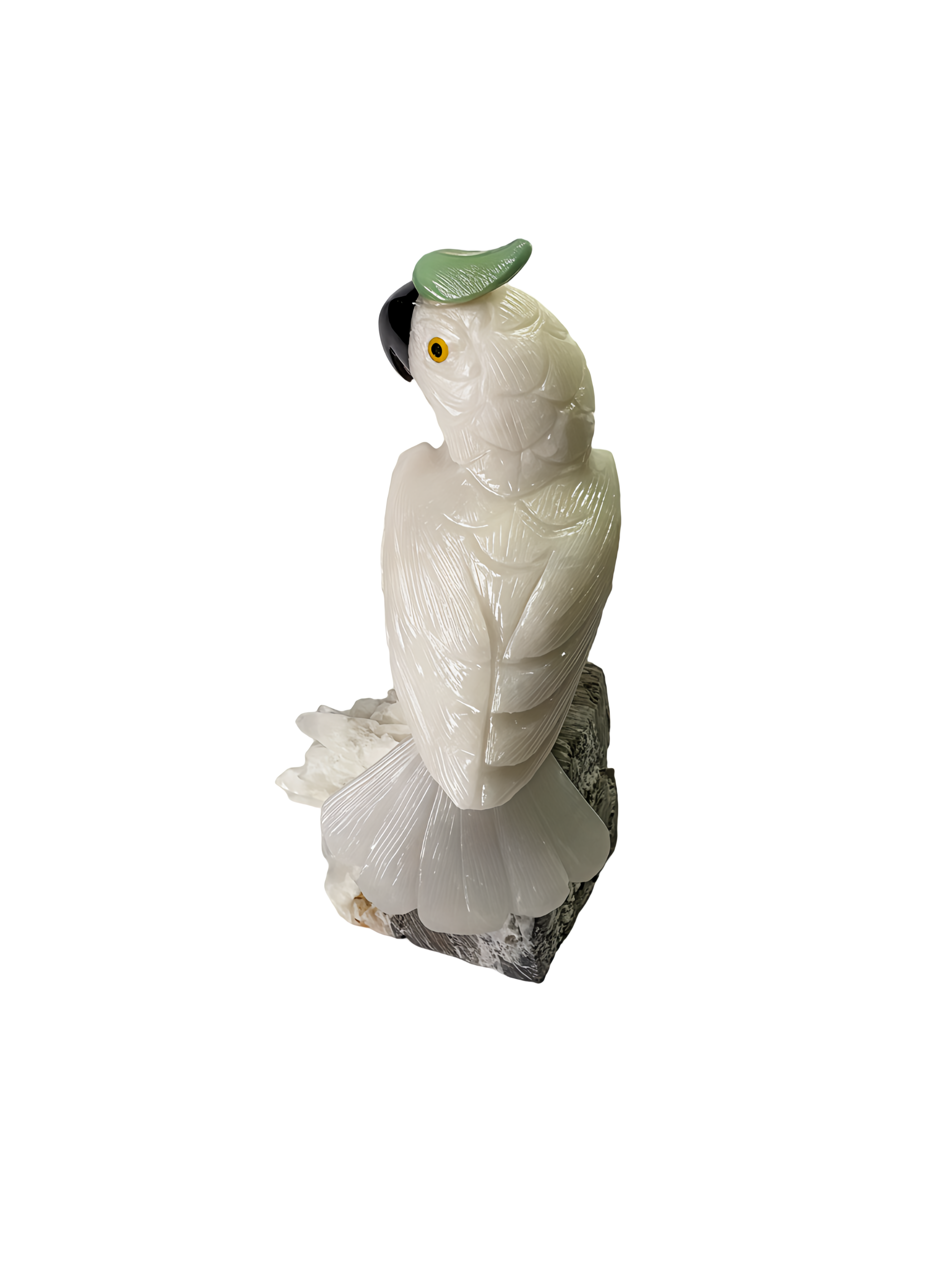 Mandala HandCarved White Gemstone Cockatoo on Crystal Cluster – Purity • Grace • Clarity